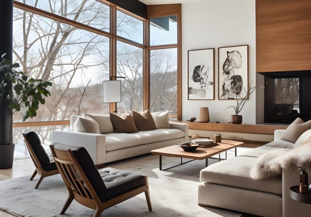 midwestern minnesota modern styled living room with floor to ceiling windows